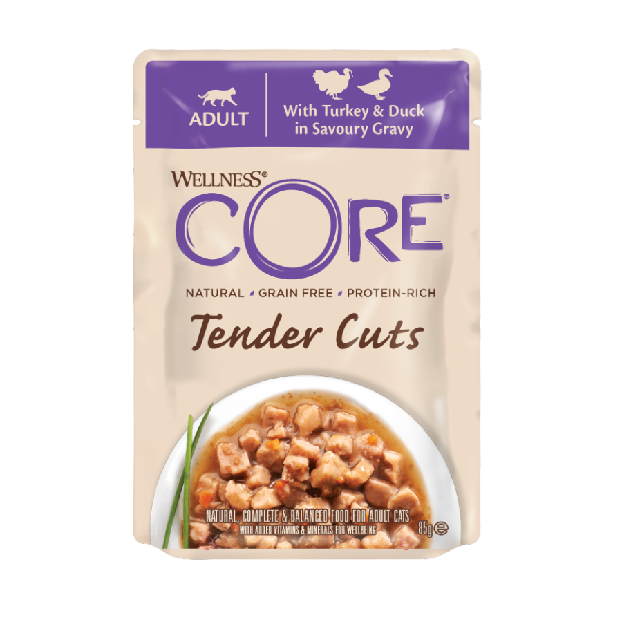 Wellness Core Tender Cuts frango e peru saquetas para gatos